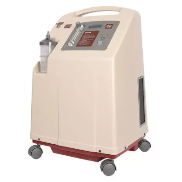 Yuwell 7F-5 5L Medical Portable Oxygen Concentrator" image: "An image of the Yuwell 7F-5 5L Medical Portable Oxygen Concentrator. This oxygen concentrator is designed for medical use and features a compact and portable design. It has a control panel with buttons and an LCD screen for adjusting settings and monitoring oxygen levels. The concentrator is capable of delivering a continuous flow of up to 5 liters of oxygen per minute. The image may also include the Yuwell logo or branding to indicate the manufacturer.