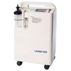 Longfian JAY-5BW Oxygen Concentrator" image: "An image of the Longfian JAY-5BW Oxygen Concentrator. This oxygen concentrator is designed for medical use and features a compact and sleek design. It has a control panel with buttons and an LCD screen for adjusting settings and monitoring oxygen levels. The concentrator is capable of delivering a continuous flow of oxygen to support respiratory therapy. The image may also include the Longfian logo or branding to indicate the manufacturer.