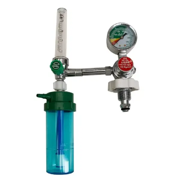 Image of an oxygen flow meter displaying flow rate in liters per minute. The flow meter consists of a dial with numerical markings, a knob for adjusting the flow rate, and a tube connected to an oxygen source.