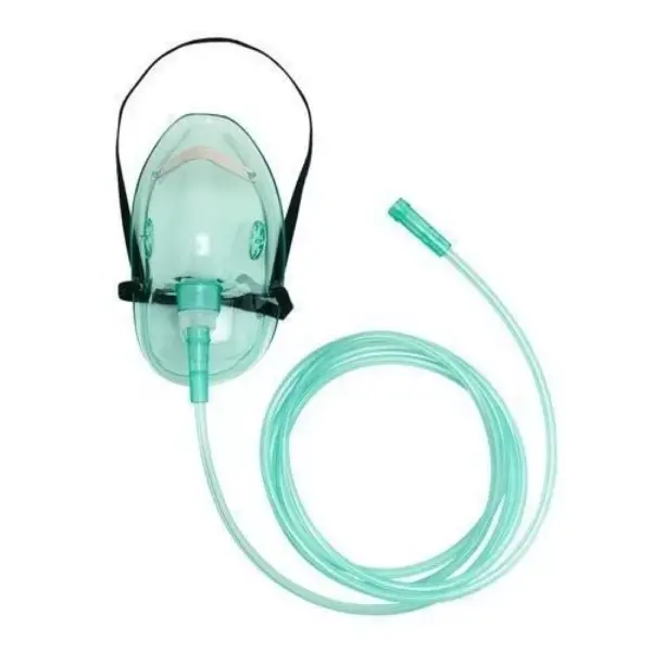 An oxygen mask with a clear plastic facepiece and elastic straps. The mask covers the nose and mouth and is used to deliver oxygen to a person's respiratory system. The clear facepiece allows for visibility of the person's face while the elastic straps ensure a secure fit.